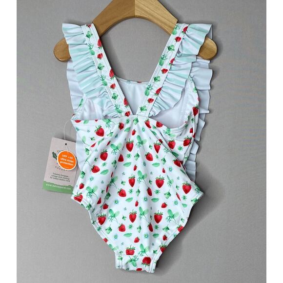 NWT The Oaks Apparel Strawberry Print Ruffled One-Piece Swimsuit Girls 2 Yrs - Picture 3 of 4